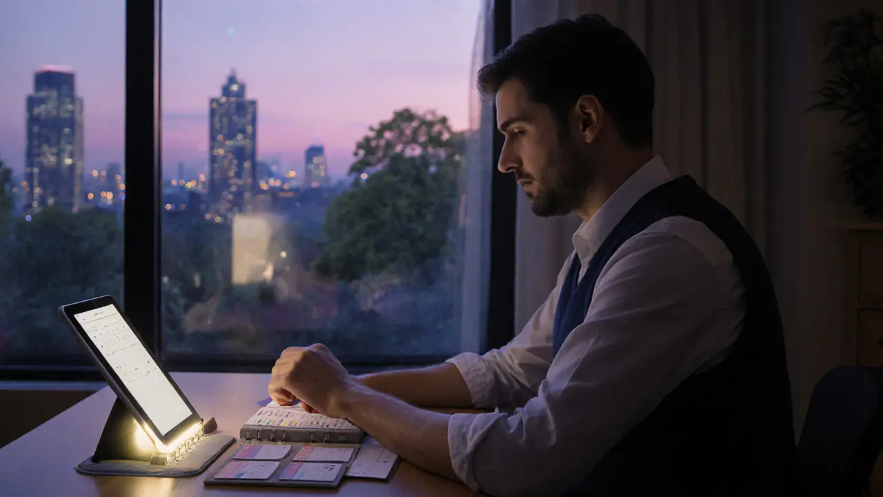 Dospělý pracuje s jednoduchým fyzickým organizérem a tabletou s hlasovou aplikací, na stole zátěžová vesta.