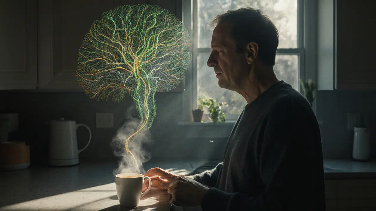 Dospělý u kávy je obklopen představami, ale jeho dech ho vrací k přítomnosti.