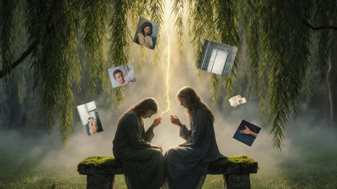 Dva lidé na lavičce spojení zlatým světlem v klidné přírodě.