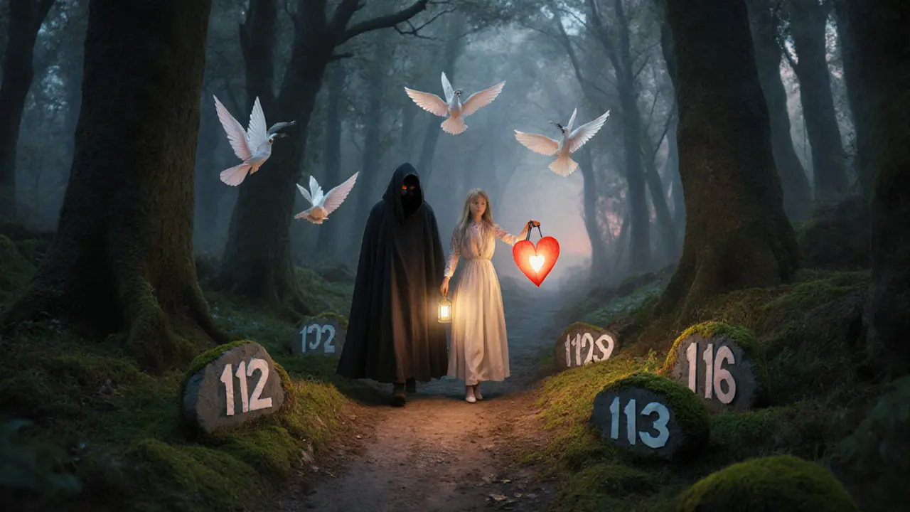 Dva postavy jdou lesní cestou, jedna v temnotě, druhá s lampionem ve tvaru srdce, kolem nich čísla pomocných linek.