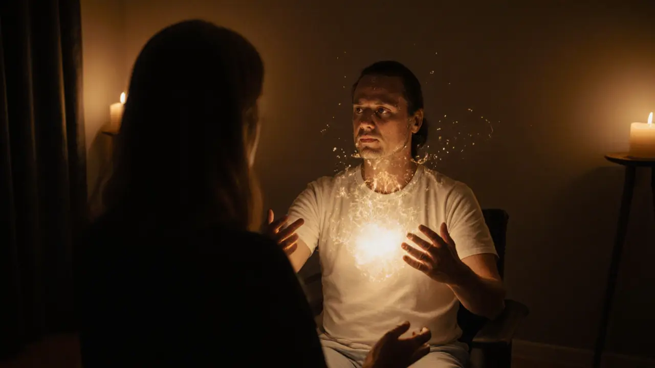 Klientka prožívá tělesné uvolnění v klidné místnosti, z jejího těla vystupují jemné zlaté vlny energie.