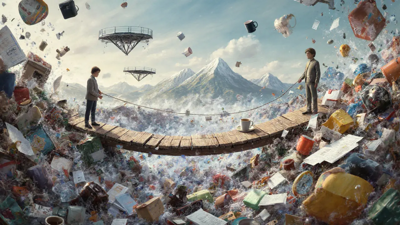 Magický most přes chaos domácnosti spojující terapeuta a klienta, v pozadí certifikované platformy.