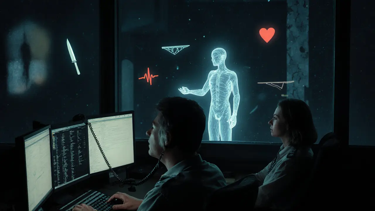 Operátoři v tísňové linku, jeden z nich přijímá hovor, kolem nich se objevují symboly krize.