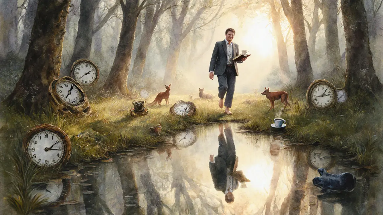 Osoba kráčí lesem, zanechává za sebou pracovní krajiny, zatímco její odraz v jezírku je klidný a šťastný.