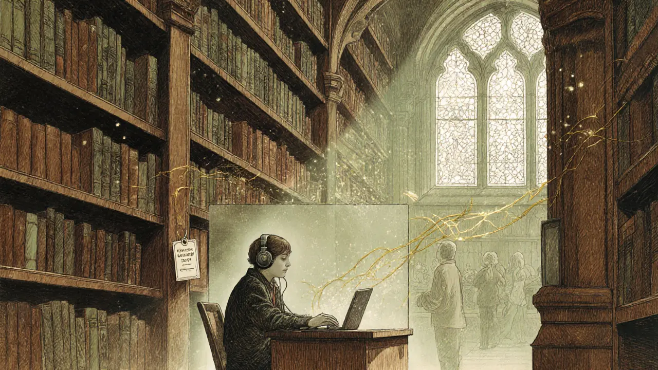 Osoba v knihovní studovně, hlavoněma, zlatá bariéra ji odděluje od ostatních.