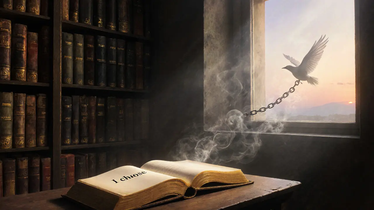 Otevřená kniha s nápisem &#039;I choose&#039; v klidné knihovně při svitu dne.