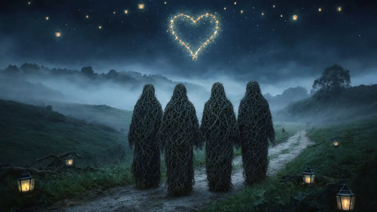 Pět postav jdoucích cestou krajem, jejich těla spojená s kořeny a liánami, nad nimi srdce z luceren.