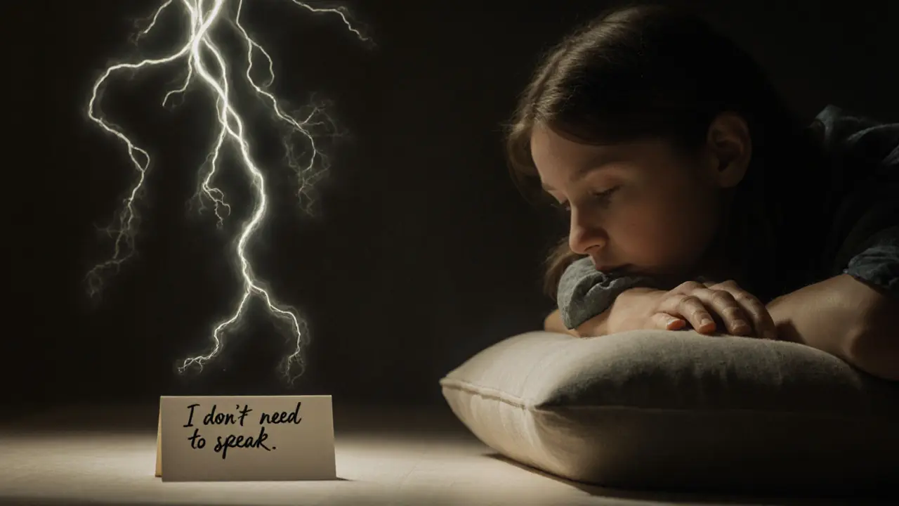 Pomalý návrat z shutdownu: osoba drží kámen, dýchá hlouběji, světlo se pomalu vrací.