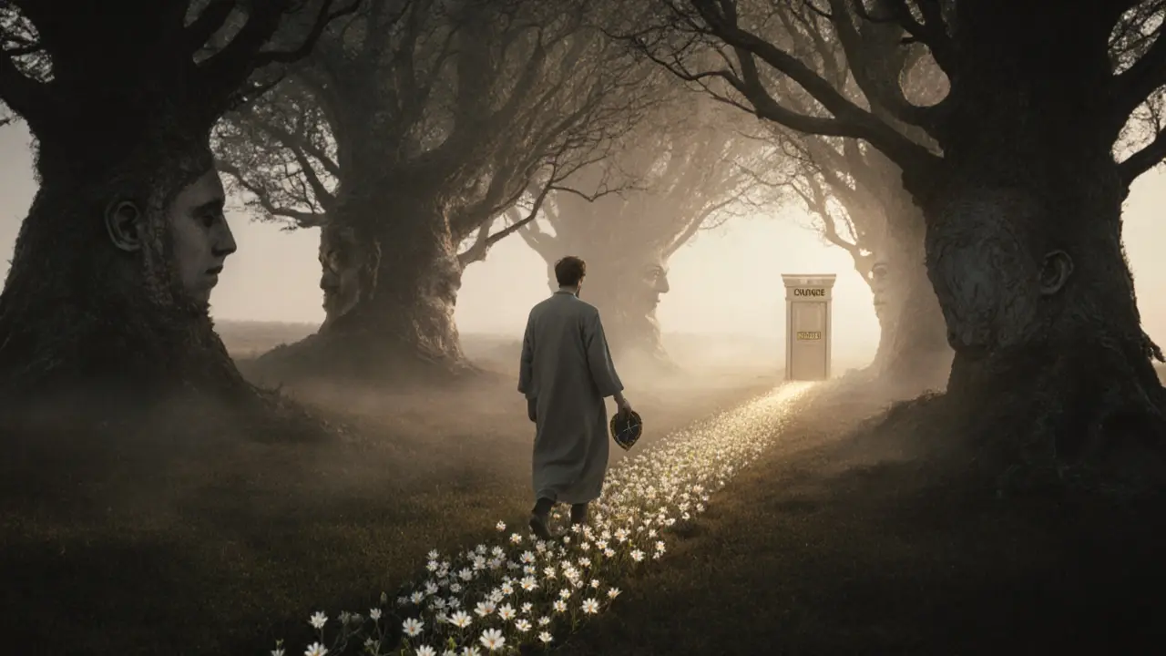 Postava kráčí lesem, kde každý krok vytváří rychle zanikající květ.