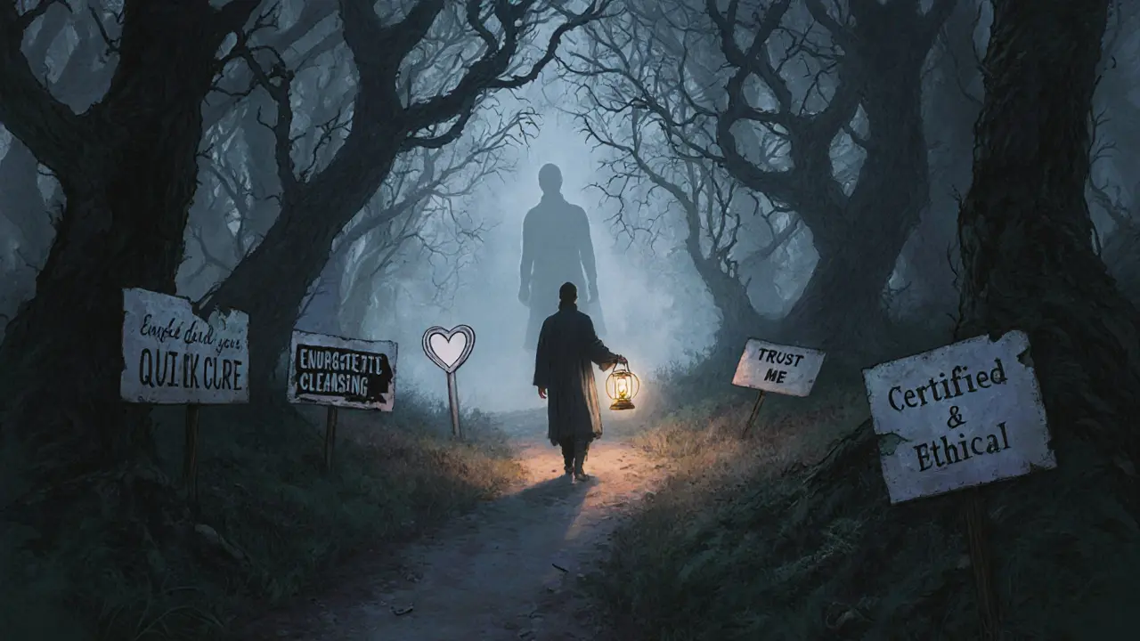 Postava odchází lesní cestou od červených vlajek k jasnému značení bezpečné terapie, osvětlená malou lampou.