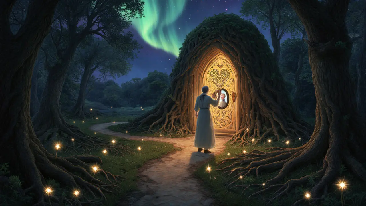 Postava se dotýká světlé dveře, v zrcadle se objevuje šťastné dítě, kolem ní létají světlušky.