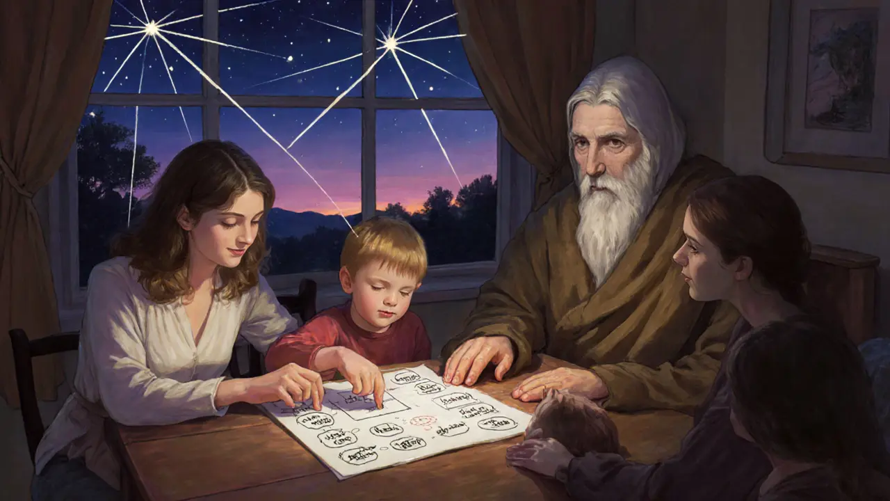 Rodina a terapeut spolu na kuchyňském stole analyzují graf tiků a protipohybů v klidném večerním světle.