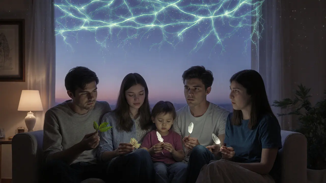 Rodina společně cvičí mindfulness, jejich spojení je znázorněno jemnými světelnými vlákny.