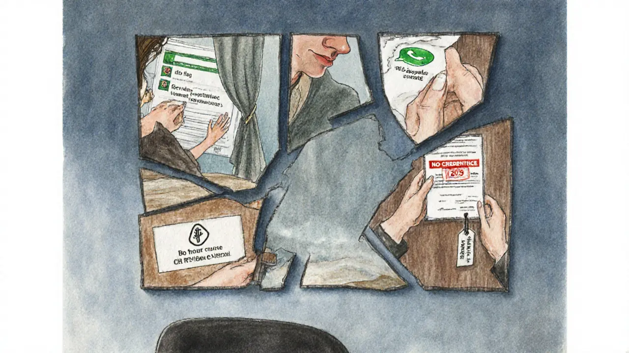 Rozdrcené zrcadlo odrazuje sedm varovných znaků terapie — peníze, zprávy, falešné tituly — v temném, texturovaném stylu.