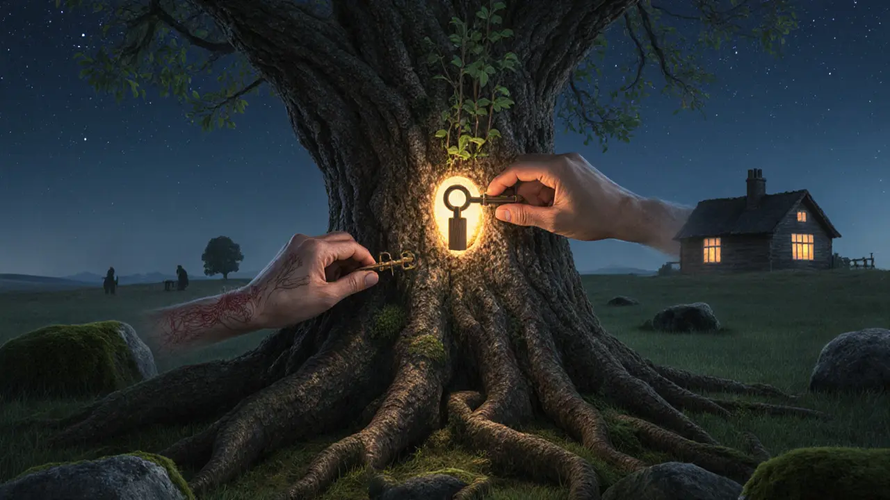Ruce klade klíč do zámečku v kmene stromu, z něhož rostou nové větve.