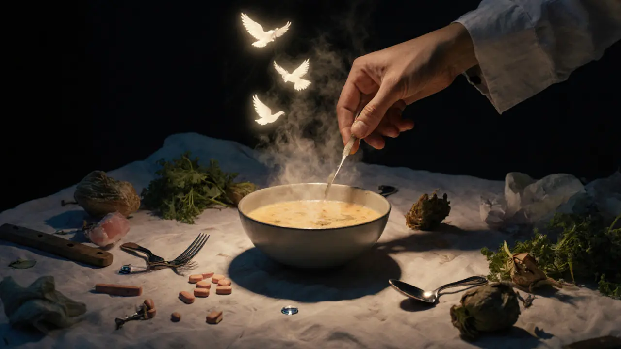 Ruka se táhne k polévce, kde pára se mění v ptáky, zatímco pod stolem leží rozbité přístroje a vyloupané zeleniny.