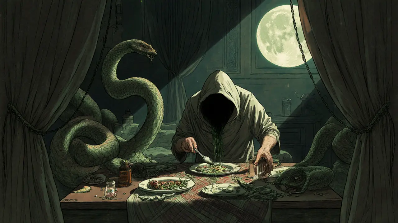 Skrytá postava v kuchyni v noci, drží lžíci a léky, kolem ní rozsypané jídlo a stíny jako hadi.