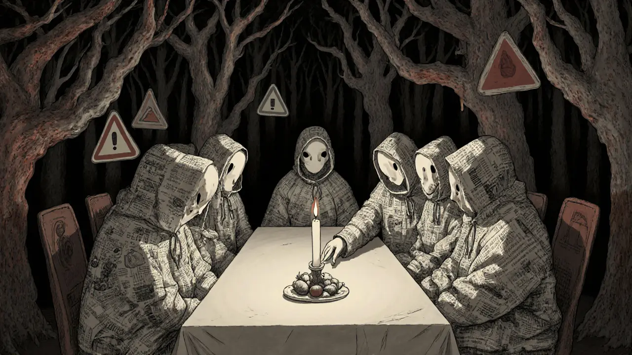 Skupina izolovaných postav u prázdného stolu, jejich pláště z jídla a léků, tváře zakryté maskami, jedna ruka se táhne k svíčce.