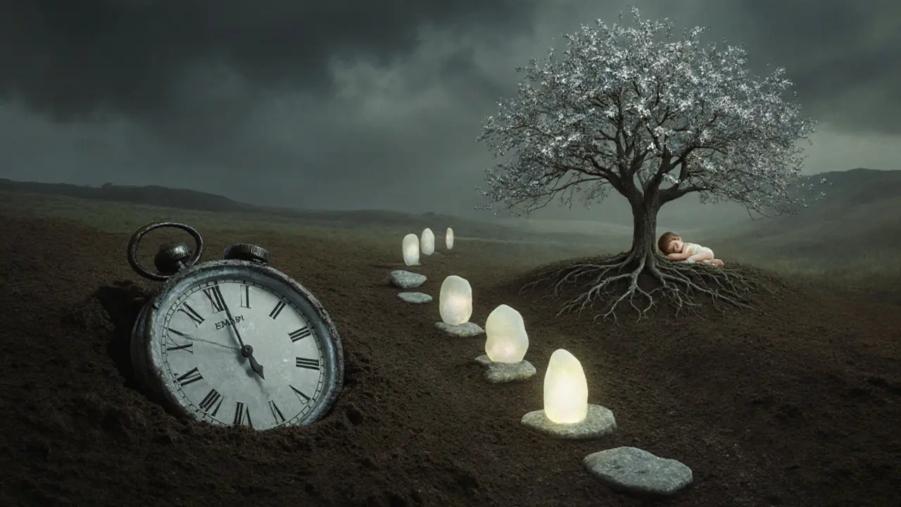 Symbolická krajina s zamrznutým hodinami, cestou světlých kamenů a stromem s stříbrnými listy jako znak uzdravení.