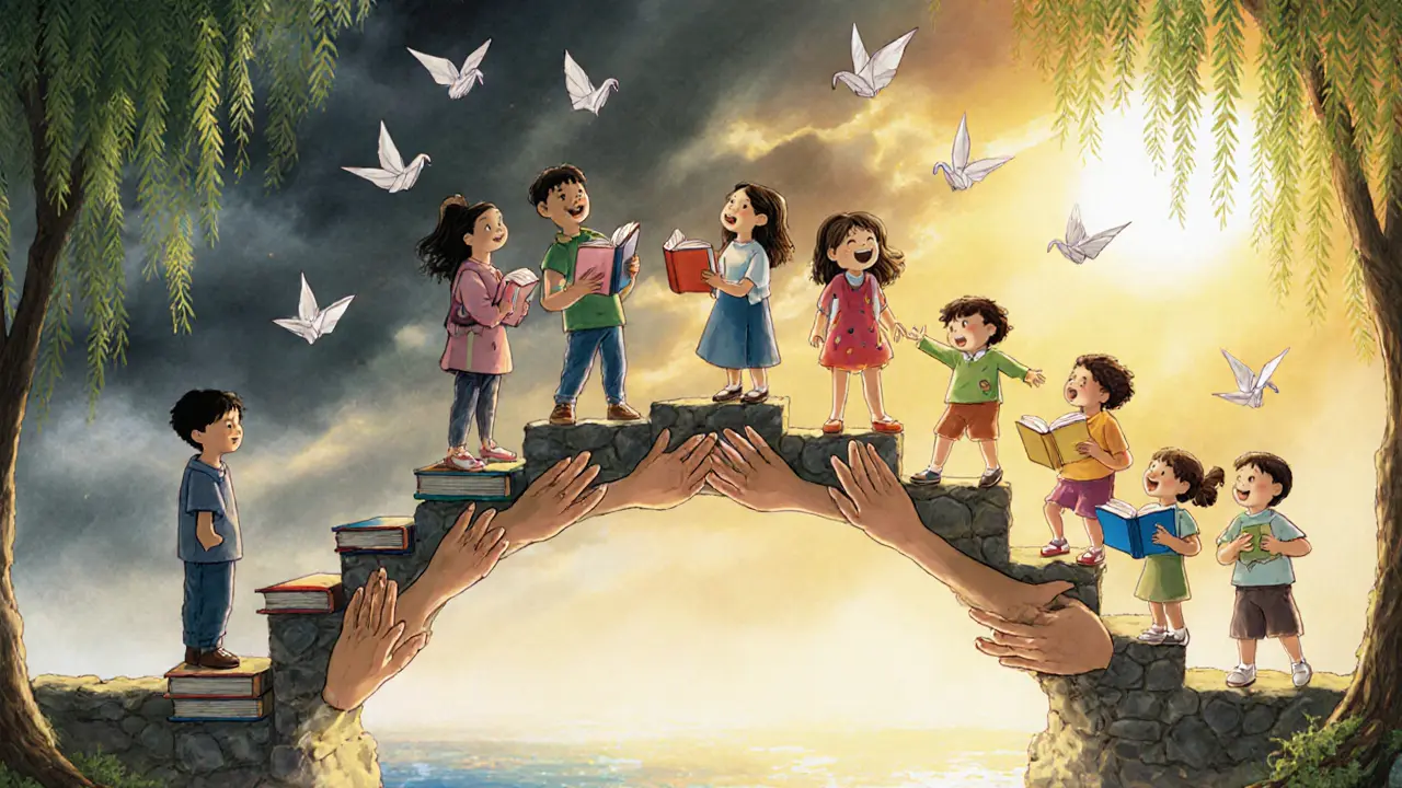 Symbolický most z rukou a knih spojuje osamělé dítě s radostnou skupinou.