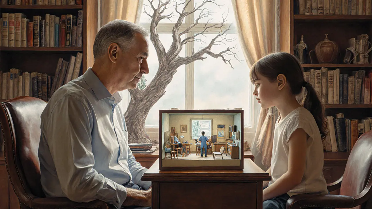 Terapeut a dítě společně pozorují malou 3D scénu lékařské ordinace v klidné místnosti.