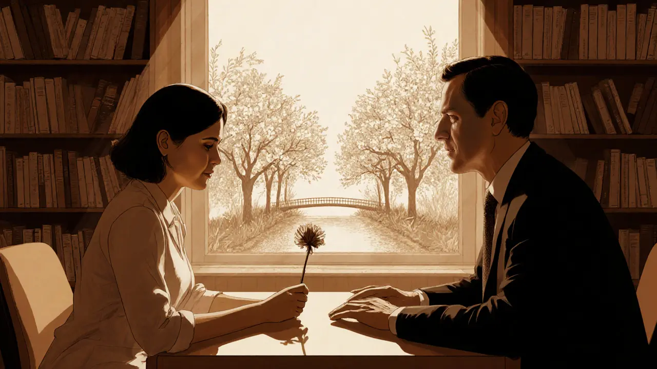 Terapeut a klient sedí v klidné místnosti, mezi nimi průhledná hranice mezi prací a životem.