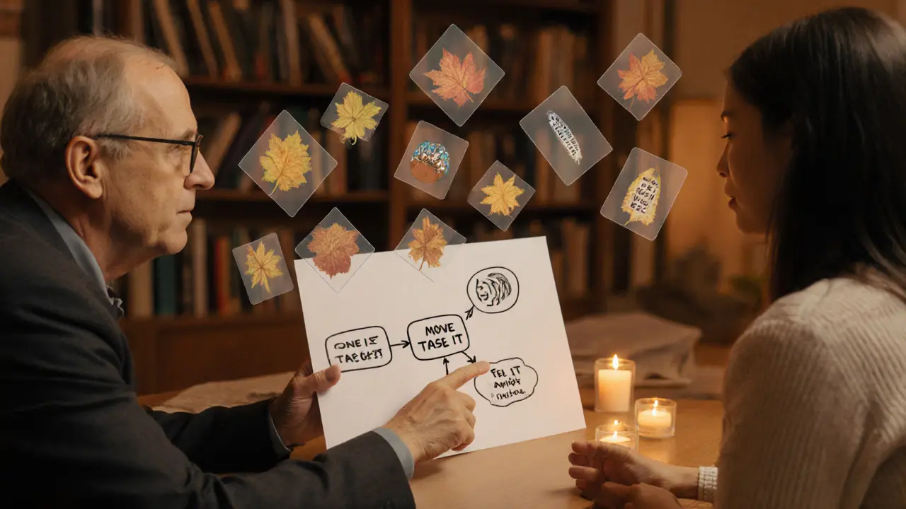 Terapeut a klient spolu studují jednoduchý diagram organizace s třemi kroky, kolem nich plavou texturované kartičky.