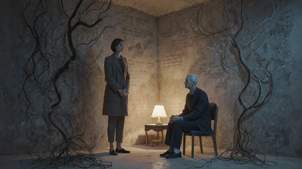 Terapeut a klient v klidné místnosti, kolem nich rostou abstraktní větve, které symbolizují pochopení myšlenek.