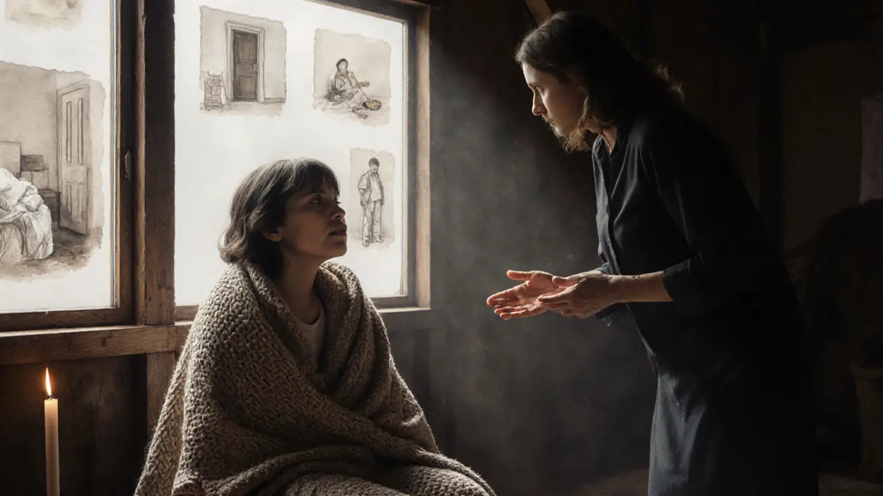 Terapeut a pacient v klidné místnosti, kolem nich plavou průhledné vzpomínky z dětství.