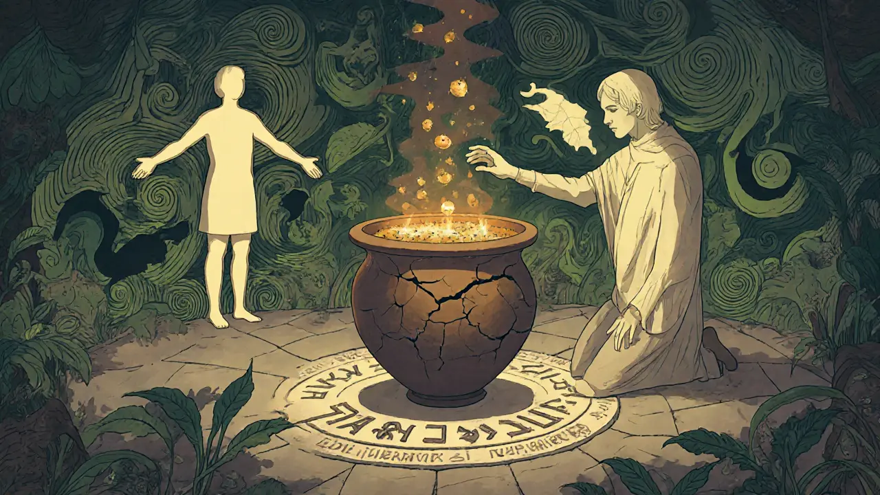 Terapeut u rozbité nádoby s rozvíjejícími se listy emocí.