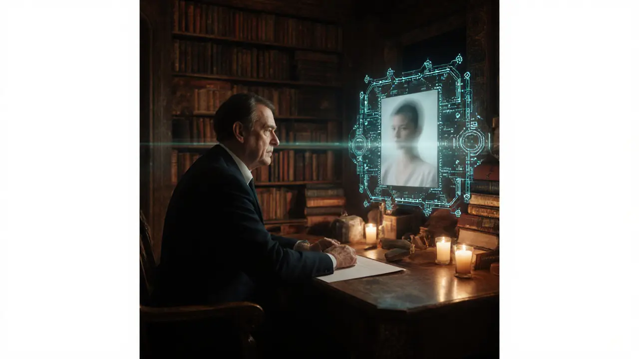 Terapeut v klidné kanceláři s magickým bezpečným rozhraním, hranice mezi ním a klientem.