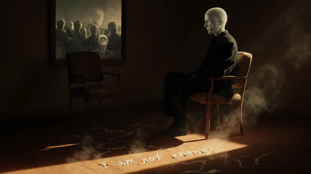 Terapeutický pokoj s prázdným židli a postavou s průhlednou tváří, odhalující dítě.