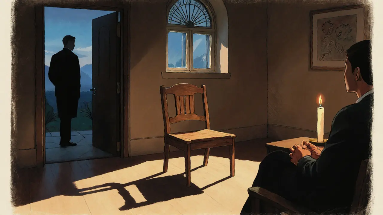 Therapy room at dusk with a fixed chair and flickering candle marking a boundary of safety.