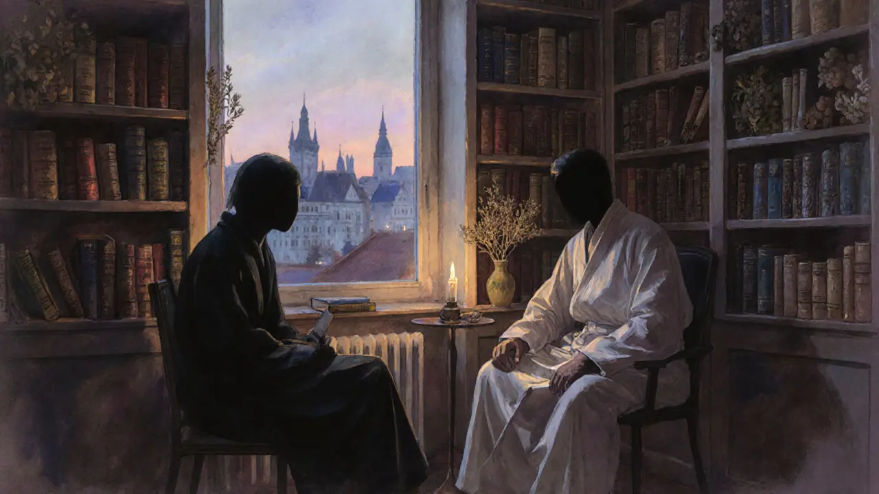 Tichá místnost s terapeutem a klientem, osvětlená svíčkou, s knihami a bylinami na polici.