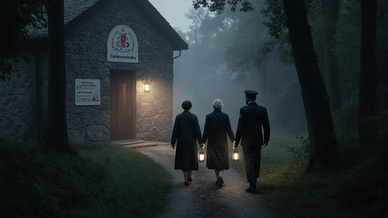 Tři lidé jdou po cestě k budově Centra duševního zdraví, každý s malou lucernou, v mlze rána.