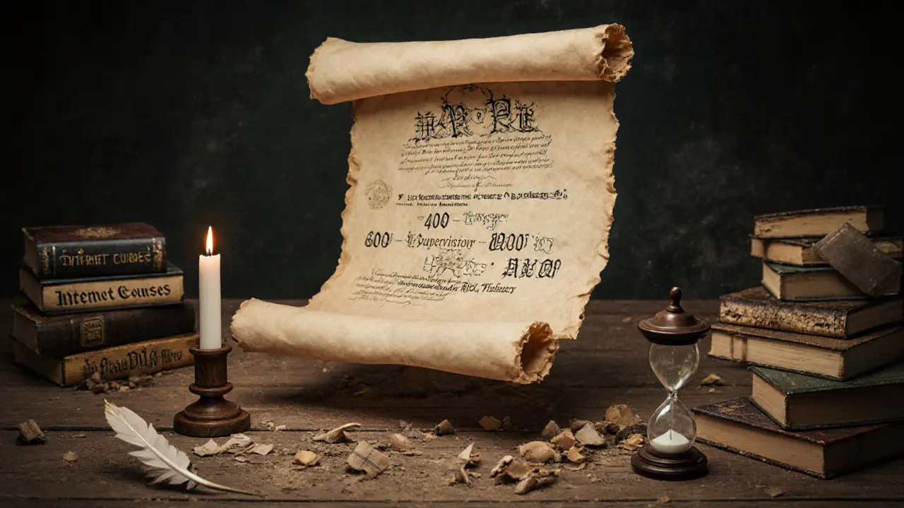 V Alan Lee stylu: pergamen s požadavky ČAP, obklopený kresbami hodin a zanikajícími knihami.