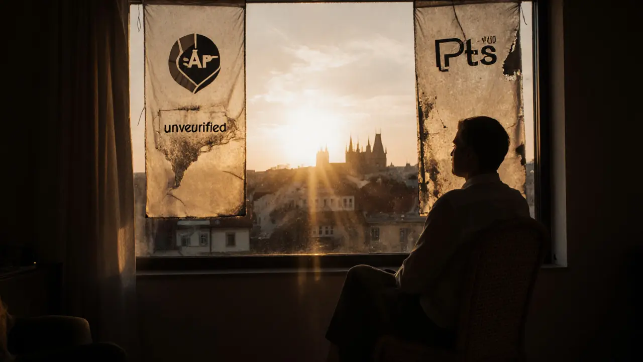 V Alan Lee stylu: terapeut a klient v tiché místnosti, za nimi zářící emblémy ČAP a ČPtS, zatímco neověřený status mizí ve stínu.