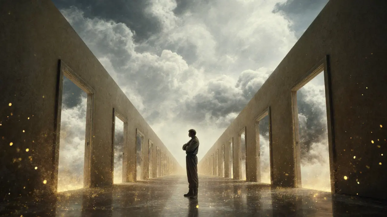 Vnitřní prostor mysli s otevřenými dveřmi, za kterými se točí bouřky.