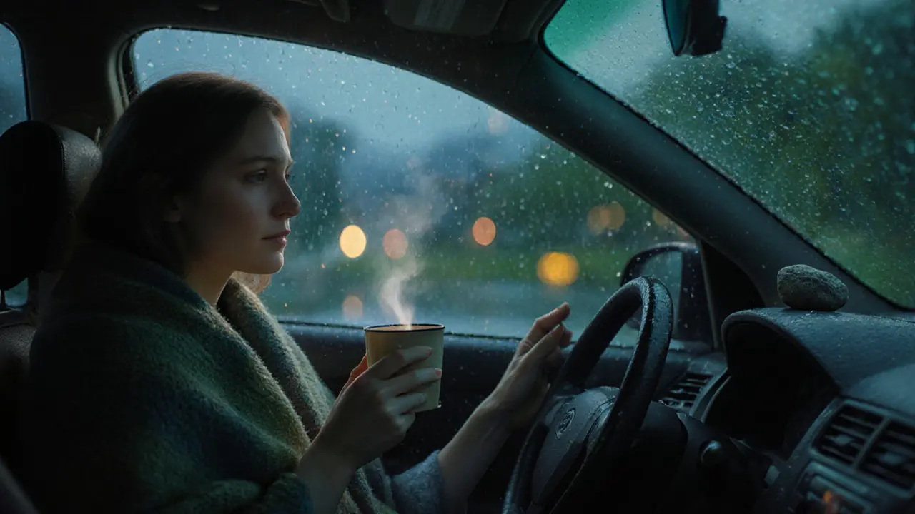 Žena sedí v autě ve večerním světle, přikrytá dekou, káva a kámen na volantu.