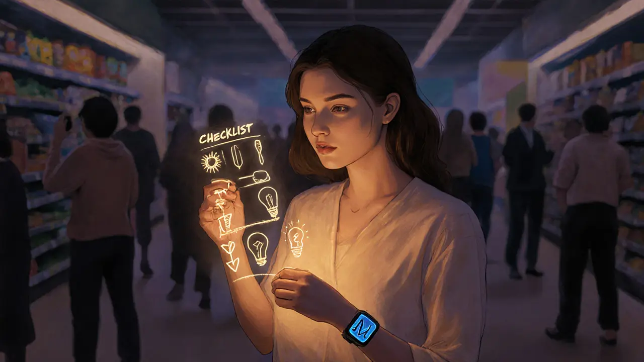 Žena v obchodě drží vizuální seznam s obrázky, kolem ní se roztáčí nejasné postavy, její prostor je osvětlený a klidný.