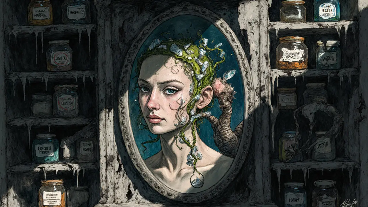 Zrcadlo odhaluje tvář s duchem z jídla, který šeptá do ucha, pozadí je plné nádob s popisky kontroly a hodnoty.