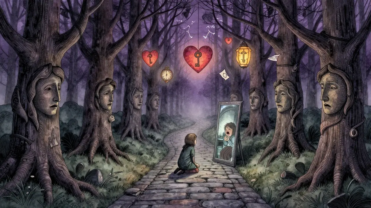 Cesta lesem s obličejemi na stromech a zrcadlem odhalujícím dítě.