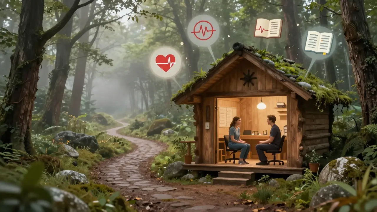 Cesta v lese vede k chalupě, kde se terapeut a klient společně dívají na průhledné ikony terapie.