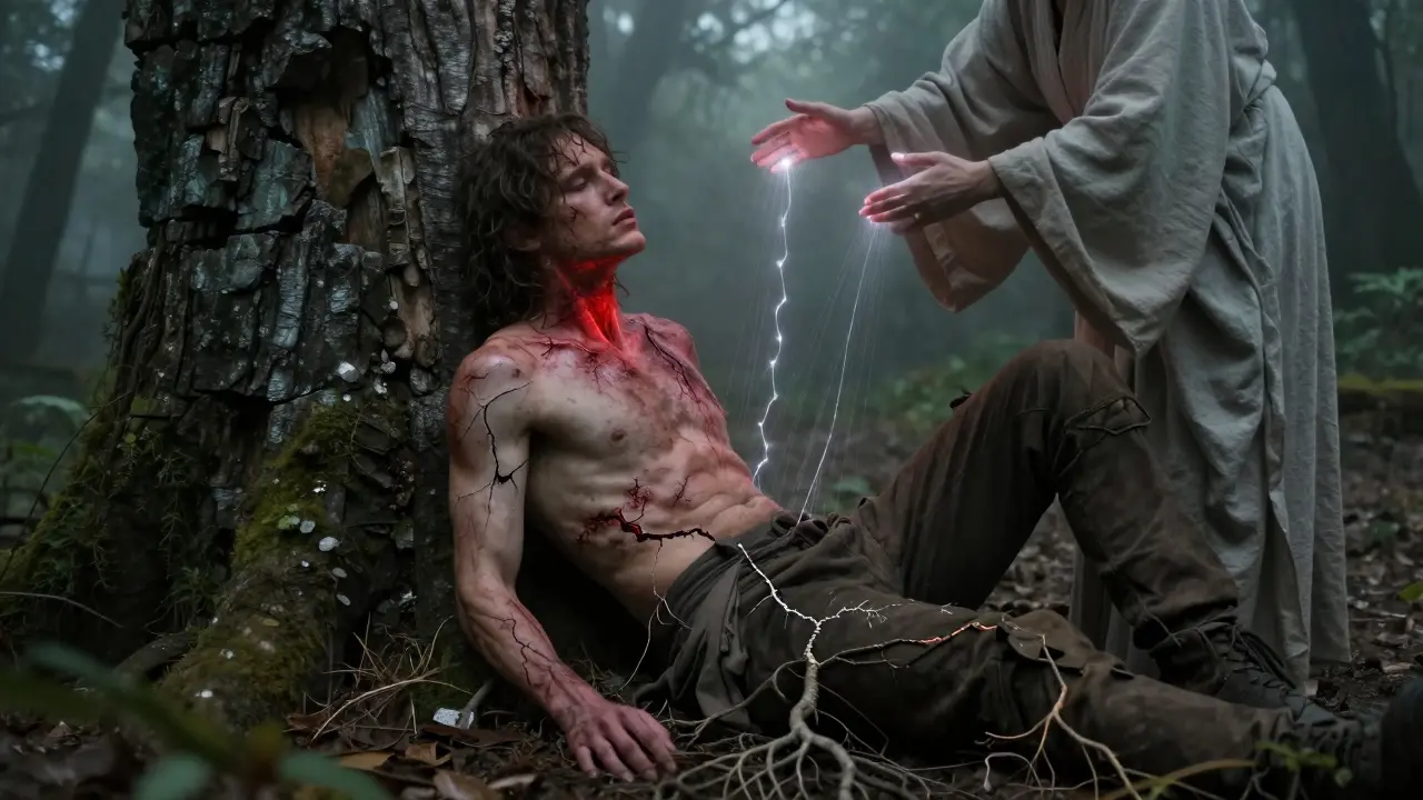 Cestovatel s poškozeným tělem, které léčí terapeut světelnými proužky, zatímco kořeny klidu rostou z půdy.