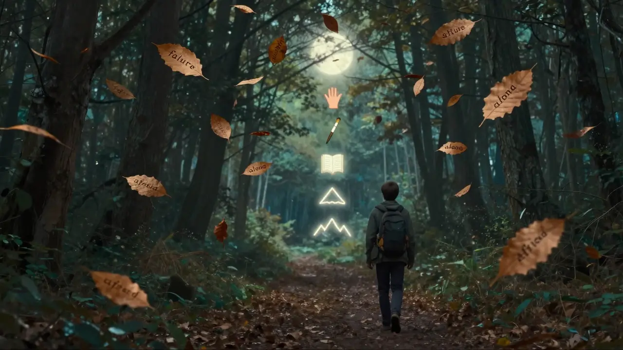 Cestovatel v lese, kde padající listy s myšlenkami unikají s větrem, zatímco pokračuje v cestě k hodnotám.