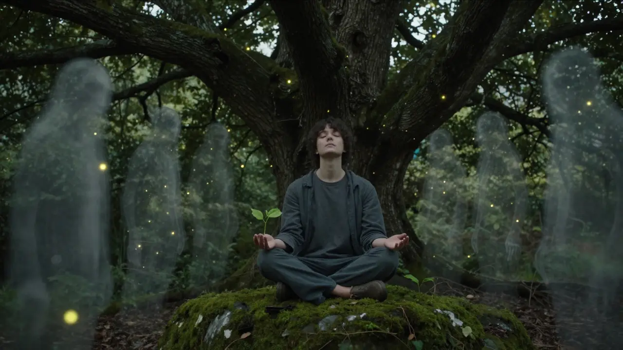 Člověk v klidu pod stromem, kde se jeho strachy mění v světlu vlněnek.