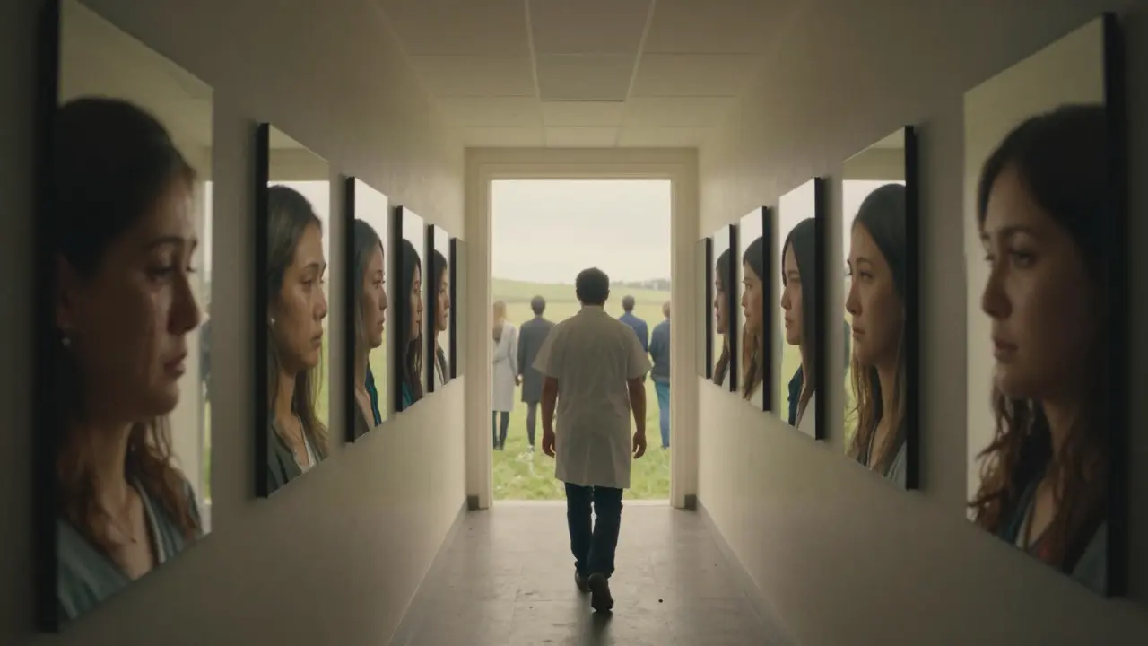 Délka chodby s odrážejícími zrcadly, terapeut prochází, zrcadla se pomalu mění.