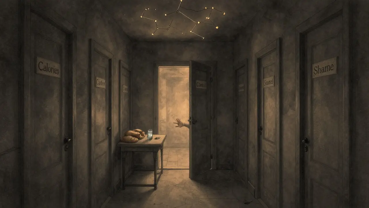 Délková chodba s dveřmi označenými strachy, jedny otevřené, vydávají teplé světlo a jednoduchý jídelníček.