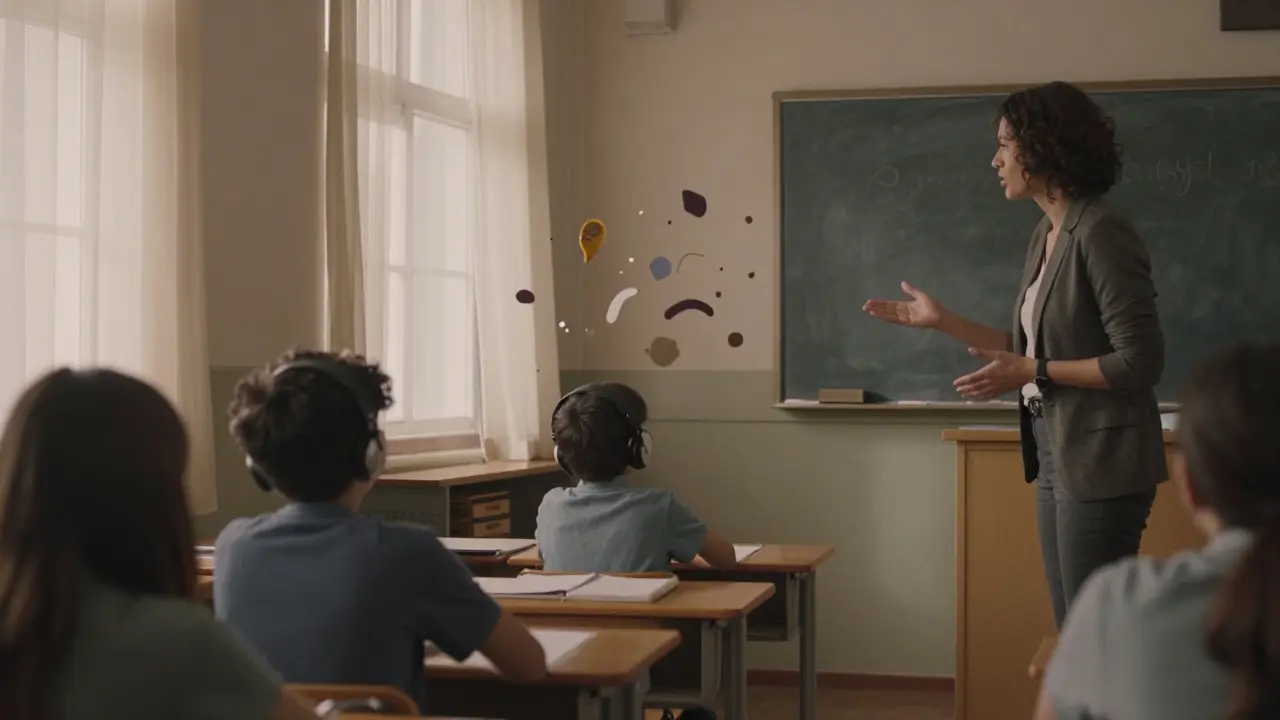 Dítě ve škole sedí v klidném koutě s sluchátky, učitelka upozorňuje třídu na ticho.