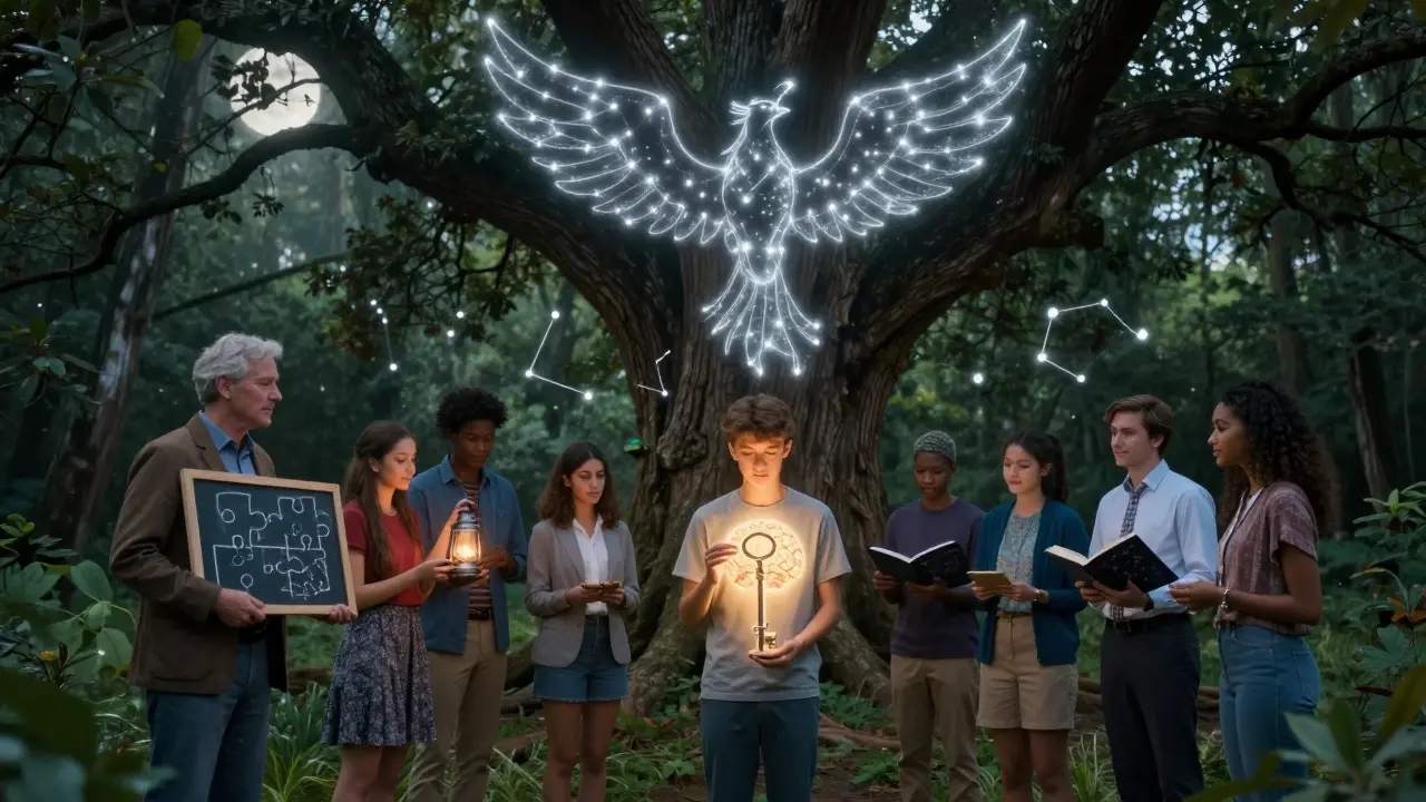 Diverse group gathered under ancient tree, holding symbols of support as phoenix rises in starry sky.